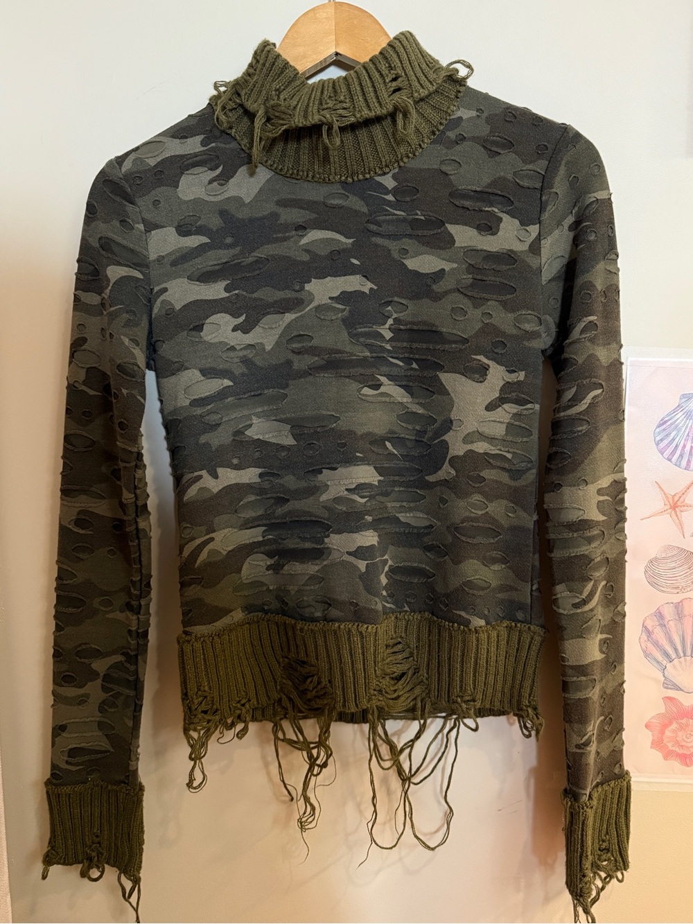 Distressed Olive Camo Knit Pullover Sweater - Women